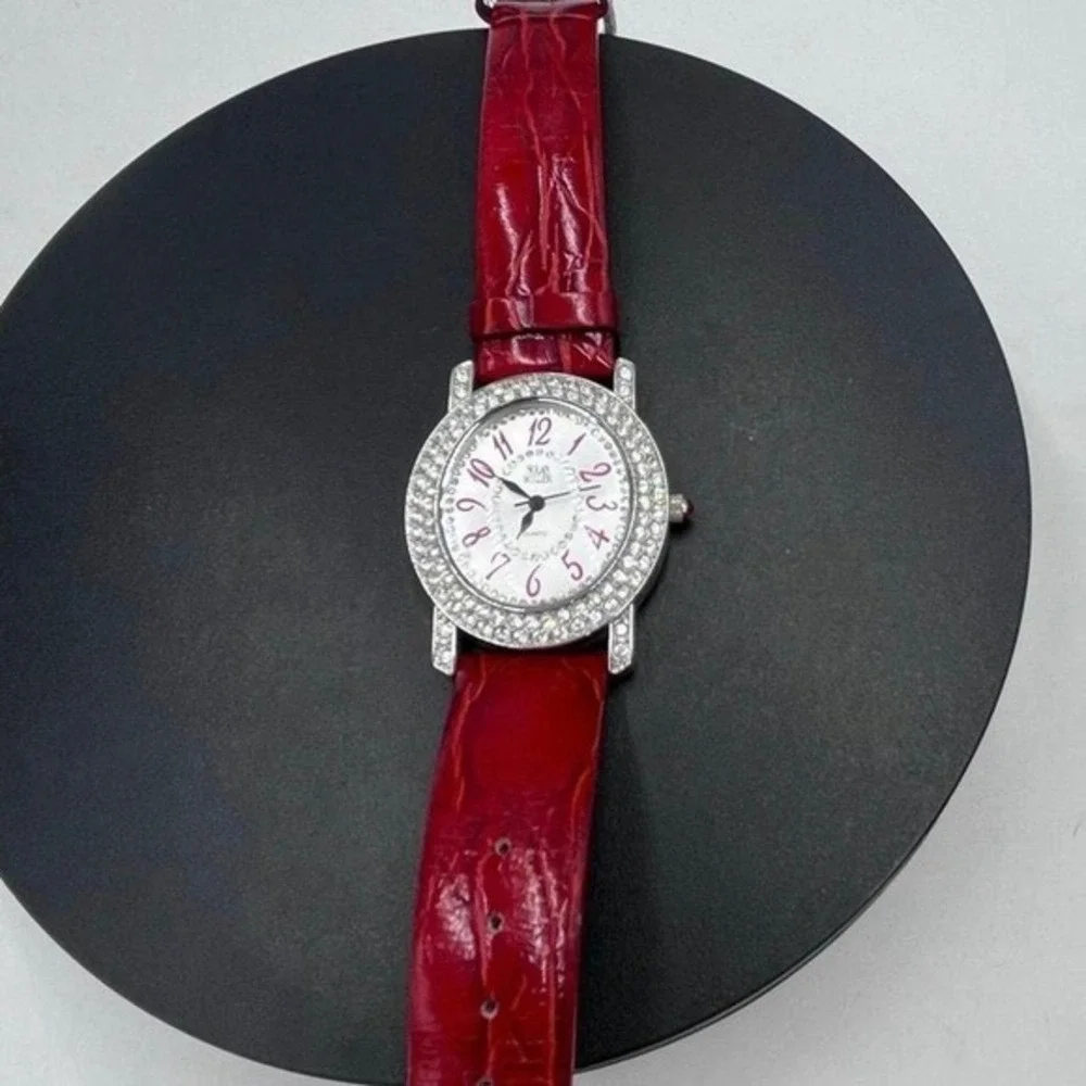 Nolan Miller Vintage quartz watch red leather band‎ rhinestone bezel
